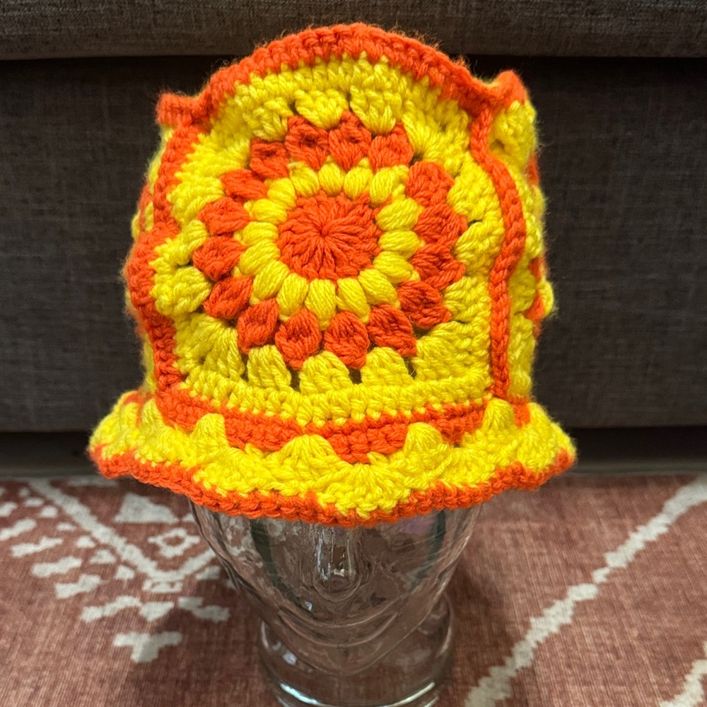 Handmade Granny Square Crochet Bucket Hat – Yellow Orange Retro